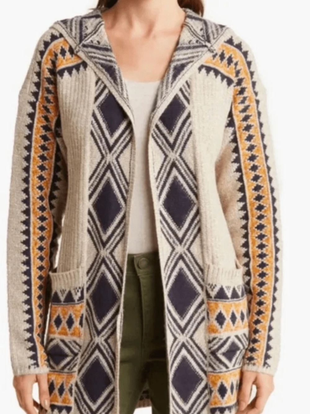 Lucky Brand Sweater Jacquard Knit Hooded Cardigan SZ XL Boho Fall Jacket Aztec
